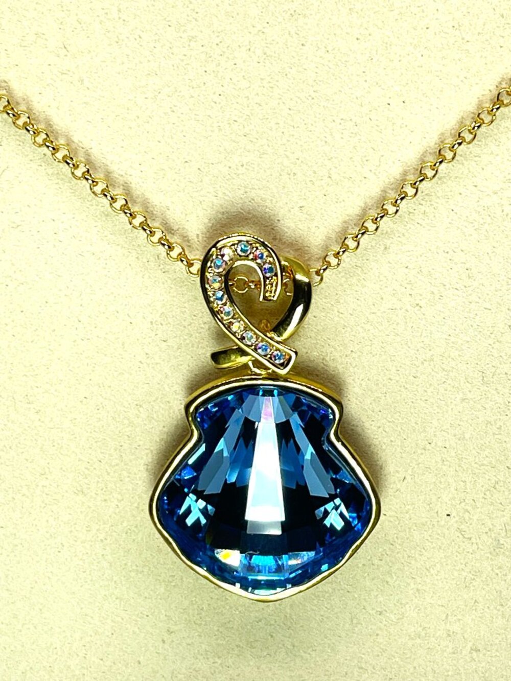 Seashell Centerpiece Statement Pendant Necklace, Sapphire Austrian Crystals, 29" - Picture 3 of 3